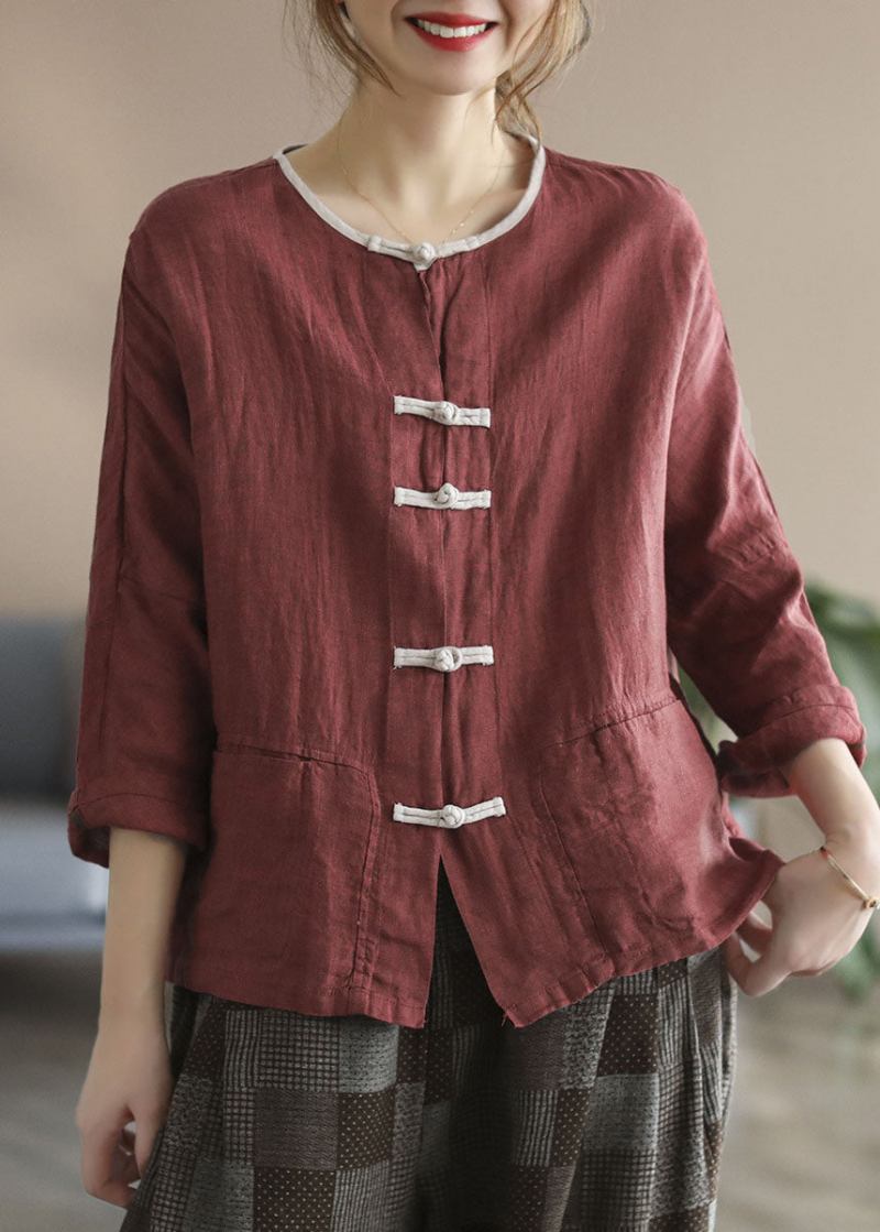 Stil Rote Patchwork Chinesische Leinen Cardigans Mit Knopf Armband Ärmel