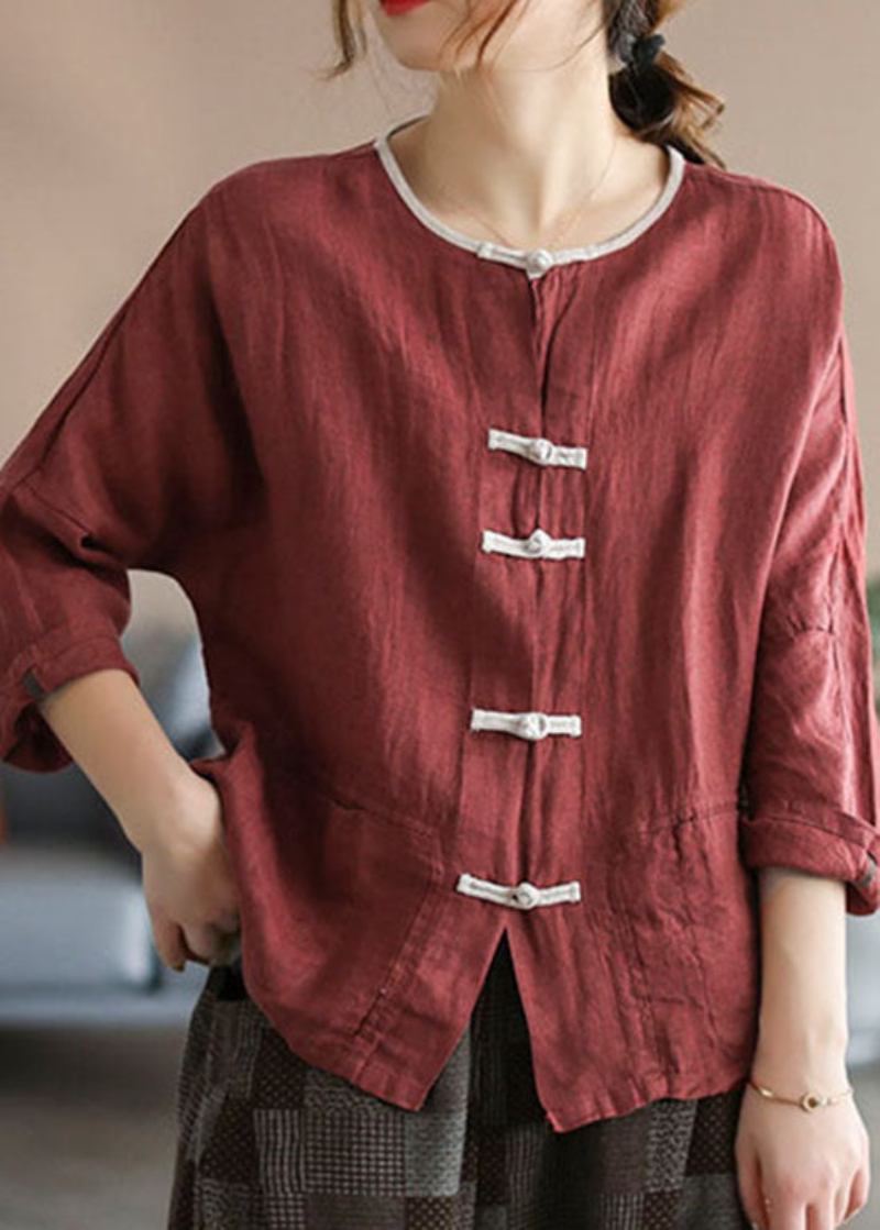 Stil Rote Patchwork Chinesische Leinen Cardigans Mit Knopf Armband Ärmel - Damen-Cardigans