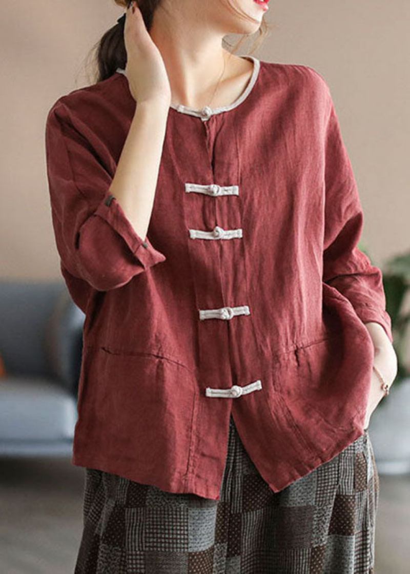 Stil Rote Patchwork Chinesische Leinen Cardigans Mit Knopf Armband Ärmel - Damen-Cardigans