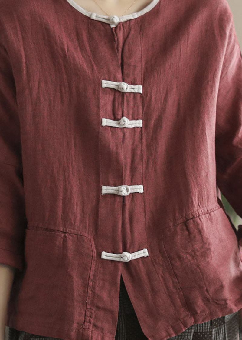 Stil Rote Patchwork Chinesische Leinen Cardigans Mit Knopf Armband Ärmel - Damen-Cardigans