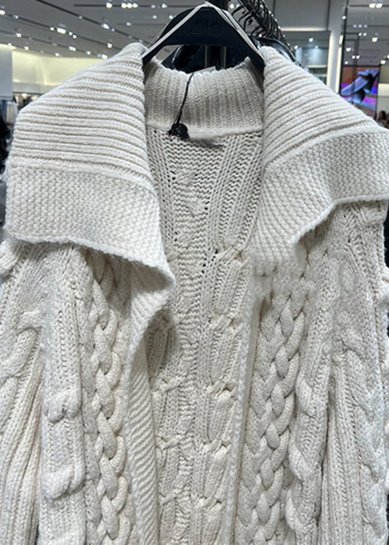 Stilvolle Beigefarbene Strickjacke Mit Peter-pan-kragen Und Zopfmuster In Übergröße Für Den Frühling - Damen-Cardigans