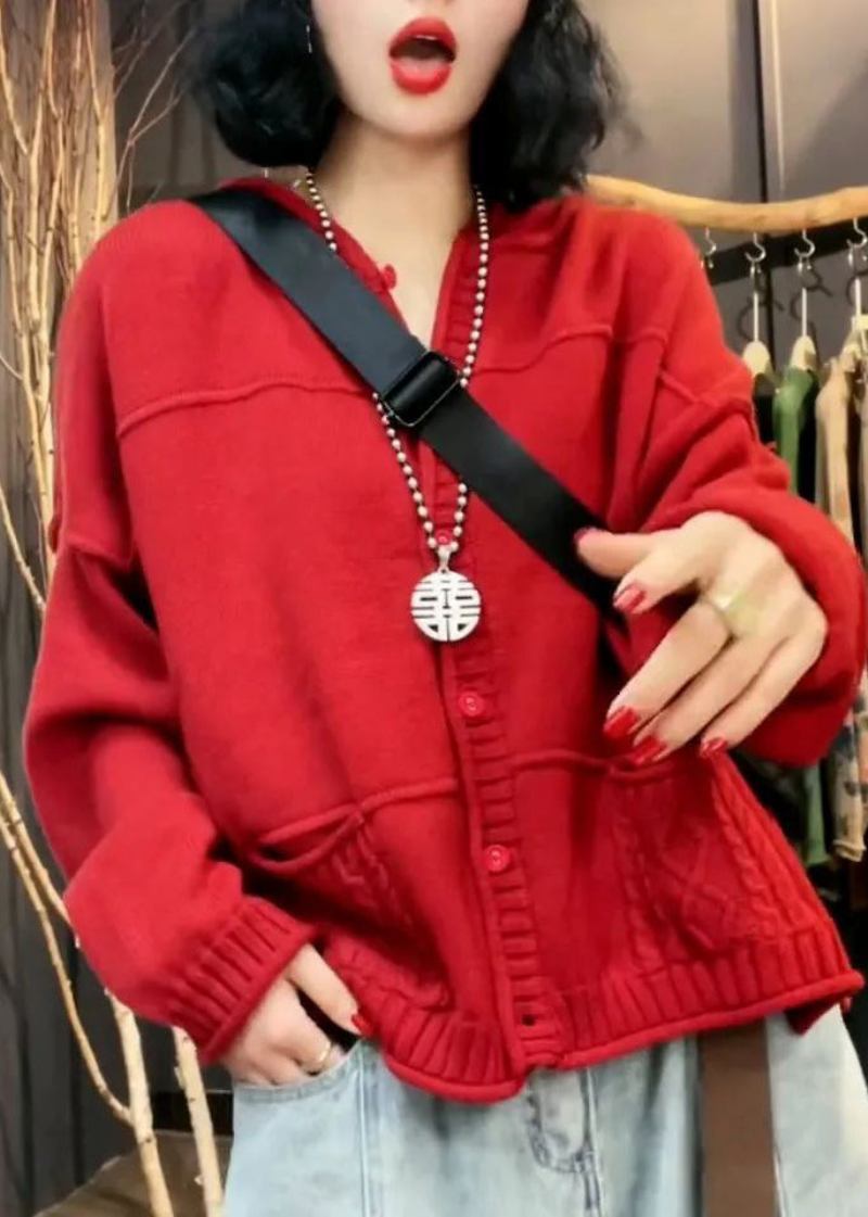 Stilvolle Rote Patchwork-strickjacke Mit V-ausschnitt Und Taschen Für Den Herbst - Damen-Cardigans