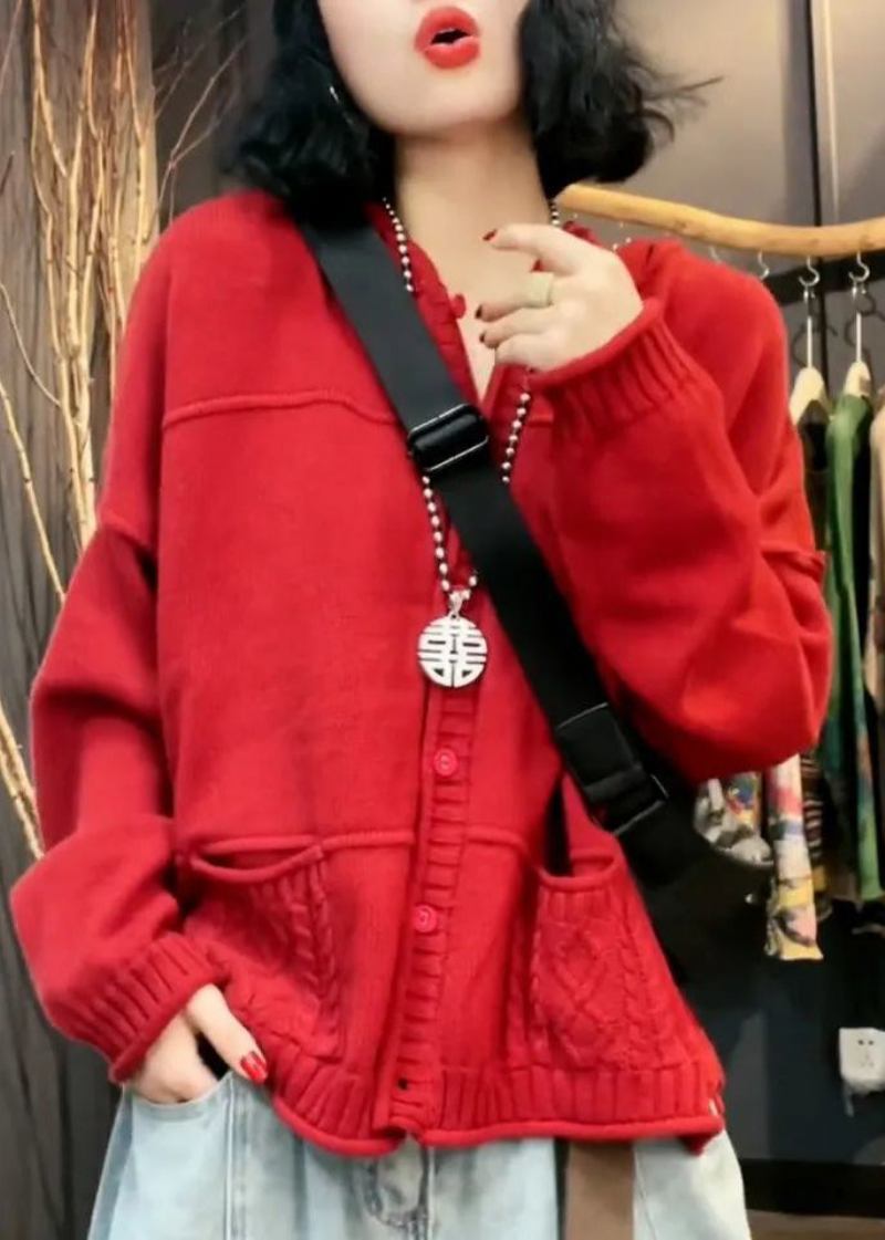 Stilvolle Rote Patchwork-strickjacke Mit V-ausschnitt Und Taschen Für Den Herbst - Damen-Cardigans