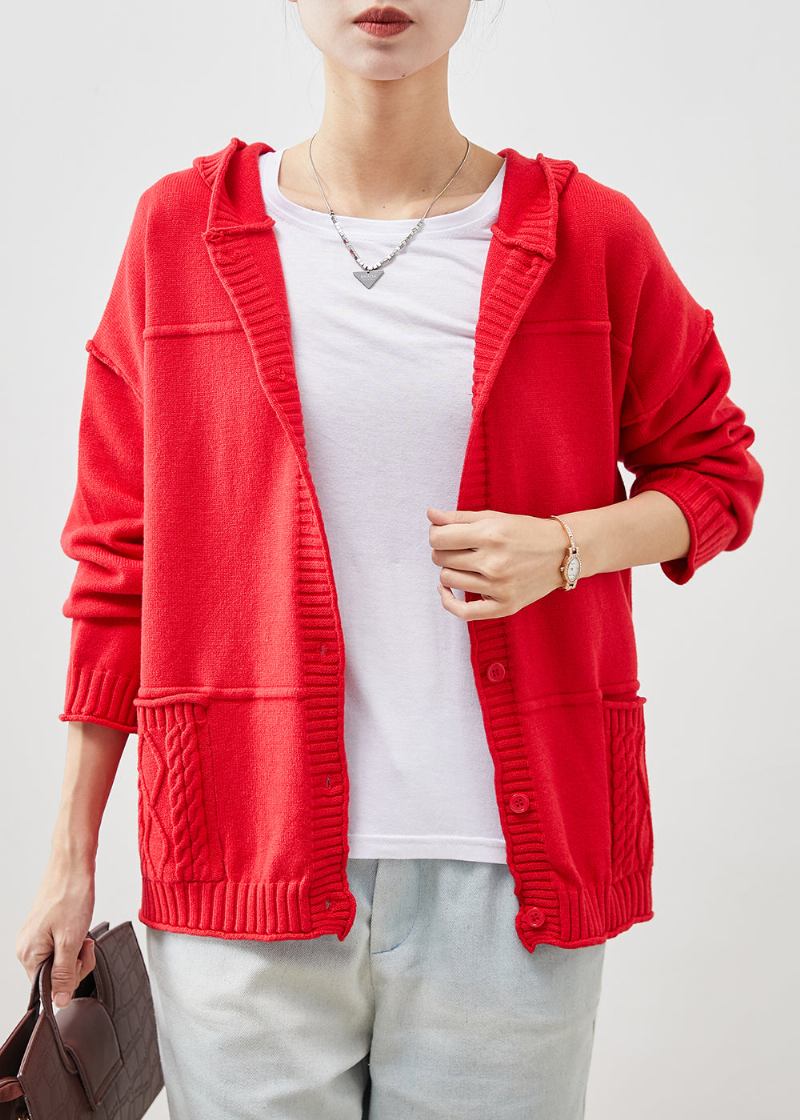 Stilvolle Rote Strickjacken Mit Kapuze Und Taschen Für Den Frühling - Damen-Cardigans