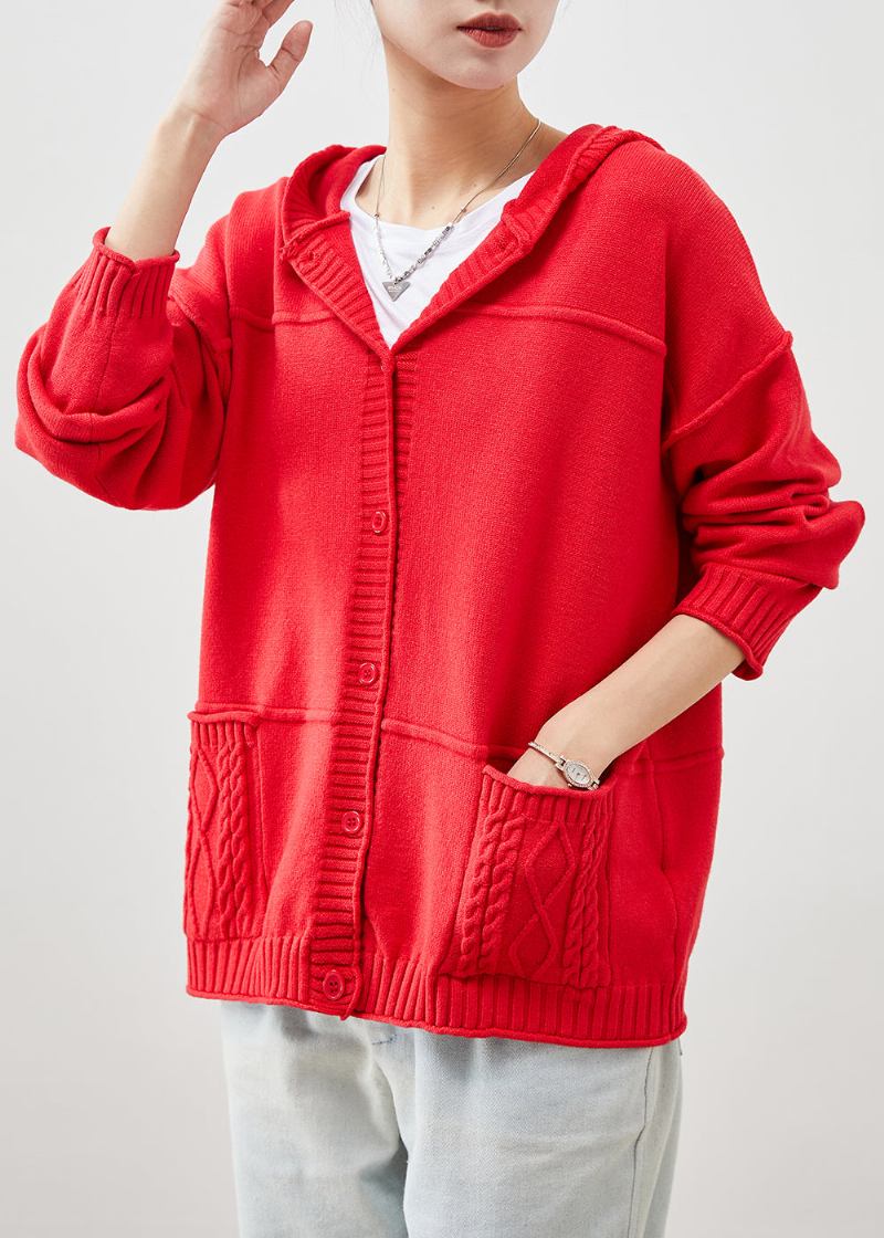 Stilvolle Rote Strickjacken Mit Kapuze Und Taschen Für Den Frühling - Damen-Cardigans