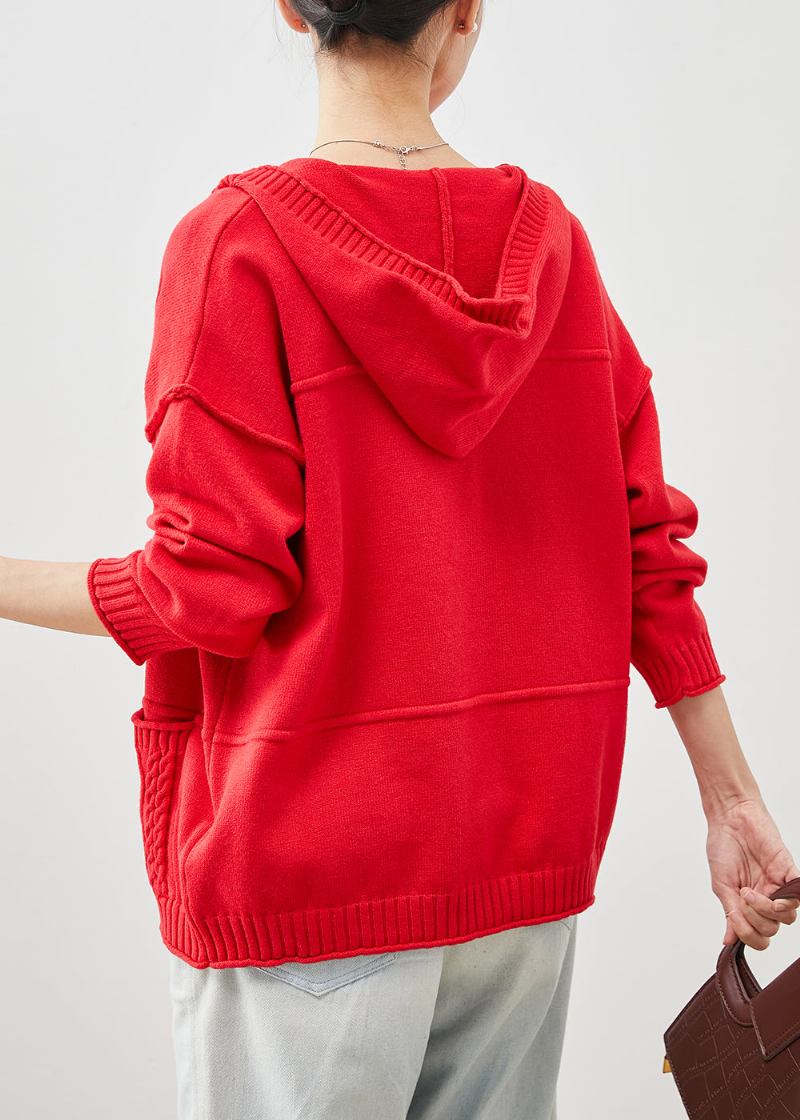 Stilvolle Rote Strickjacken Mit Kapuze Und Taschen Für Den Frühling - Damen-Cardigans