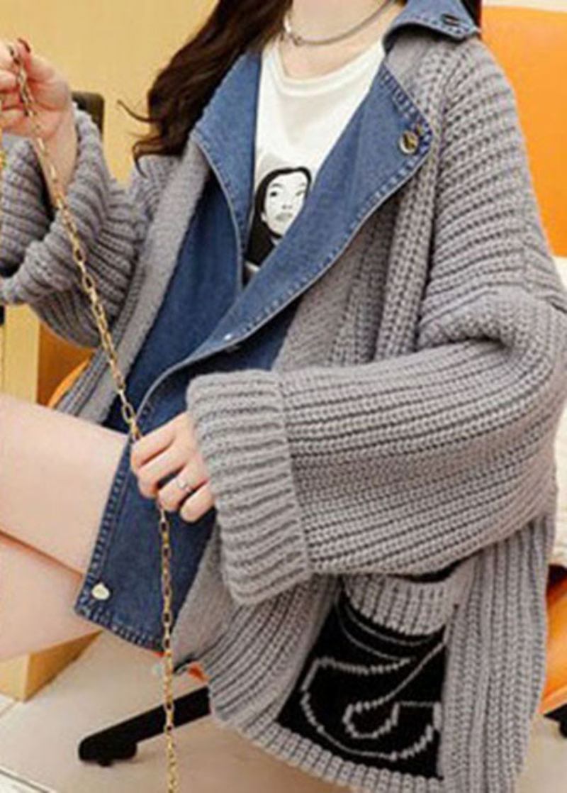 Stilvoller Grauer Denim-strickpullover Mit Patchwork Lässiger Mantel Für Den Herbst - Damen-Cardigans