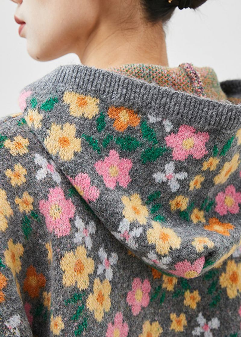 Stilvoller Grauer Strickmantel Mit Blumenmuster Und Reißverschluss Frühling - Damen-Cardigans