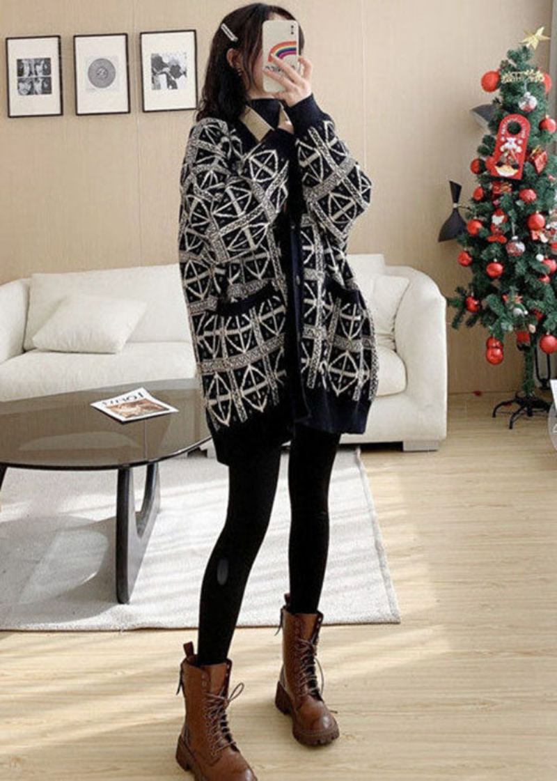 Stilvoller Schwarzer V-ausschnitt Mit Print Gemütlicher Lockerer Strickcardigan Für Den Winter - Damen-Cardigans