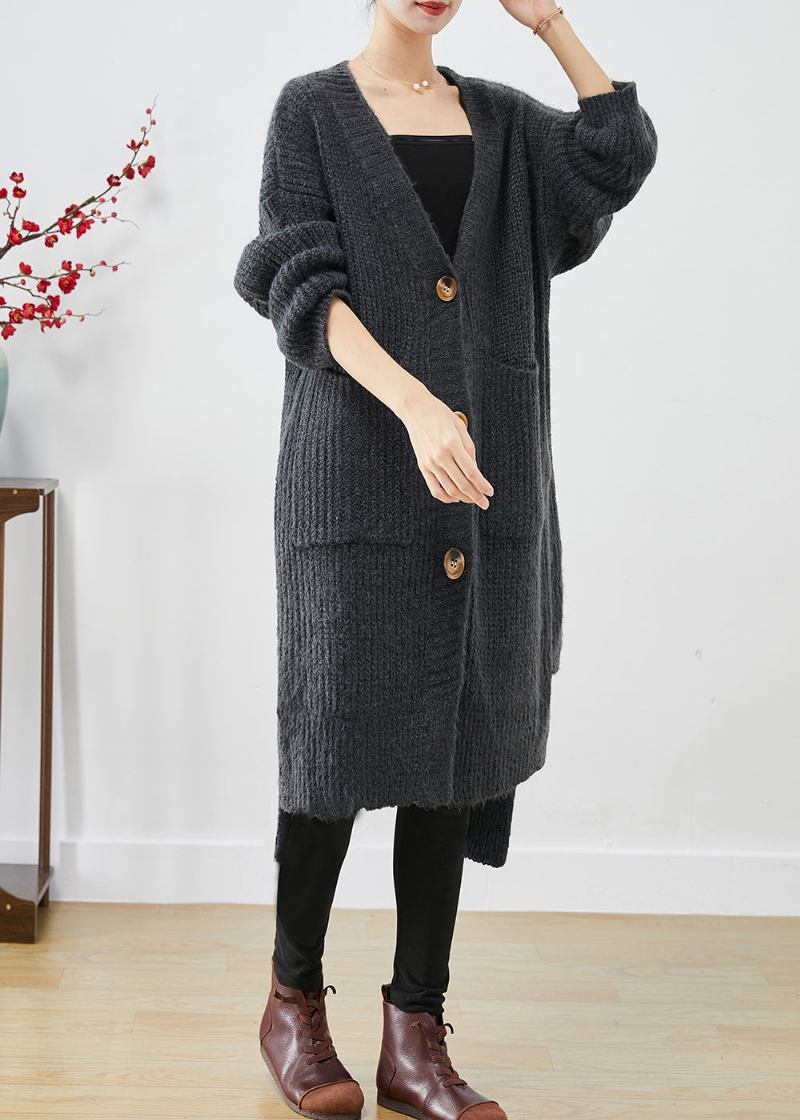 Stilvoller Stumpfgrauer Langer Strickcardigan Mit V-ausschnitt Und Taschen Für Den Herbst - Damen-Cardigans