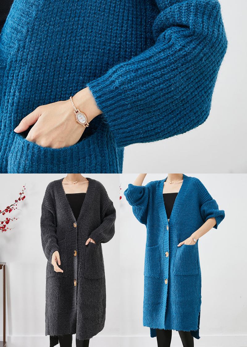 Stilvoller Stumpfgrauer Langer Strickcardigan Mit V-ausschnitt Und Taschen Für Den Herbst - Damen-Cardigans