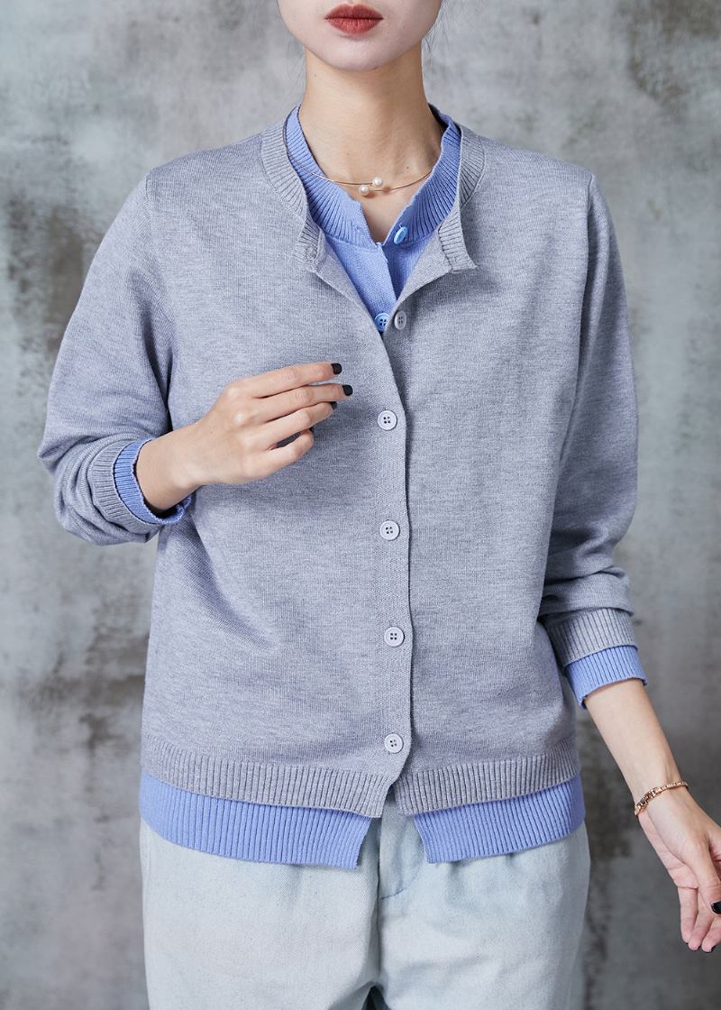 Stilvoller Zweilagiger Grauer Patchwork-cardigan Aus Wolle Mit Fake-muster Zweiteilig Für Den Herbst - Damen-Cardigans