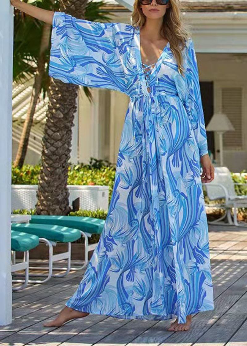 Stilvolles Blau Bedrucktes Chiffon-kimono-kleid Mit Taillenband In Der Boutique-optik