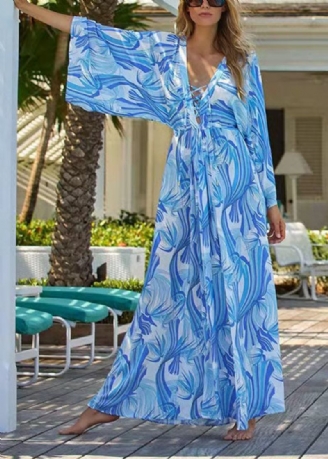 Stilvolles Blau Bedrucktes Chiffon-kimono-kleid Mit Taillenband In Der Boutique-optik