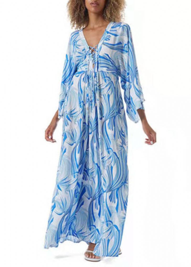 Stilvolles Blau Bedrucktes Chiffon-kimono-kleid Mit Taillenband In Der Boutique-optik - Damen-Cardigans