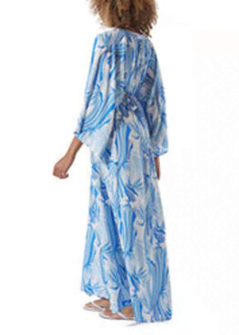 Stilvolles Blau Bedrucktes Chiffon-kimono-kleid Mit Taillenband In Der Boutique-optik - Damen-Cardigans