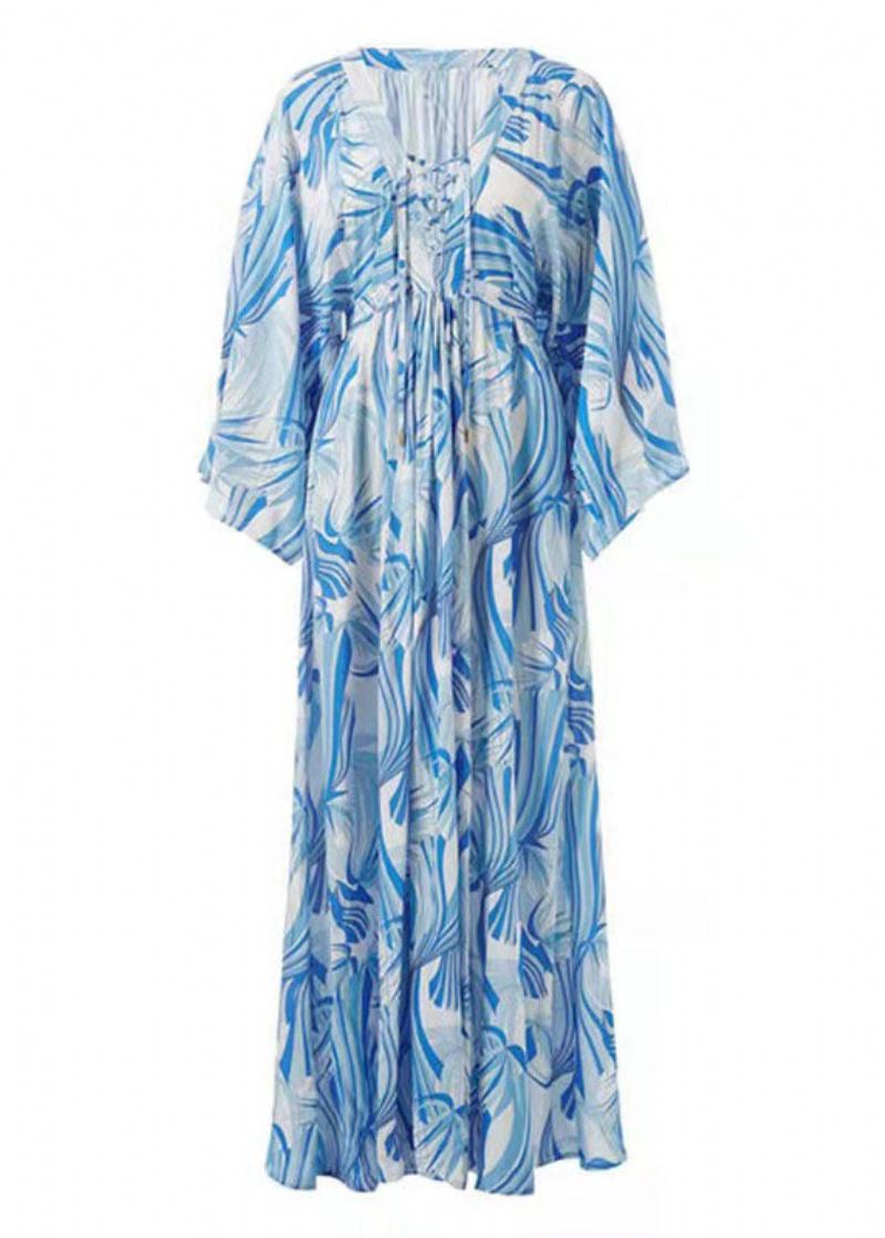 Stilvolles Blau Bedrucktes Chiffon-kimono-kleid Mit Taillenband In Der Boutique-optik - Damen-Cardigans