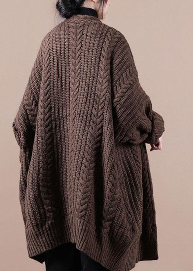 Taillierter Schokoladenbrauner Strickpullover Mit Langen Ärmeln - Damen-Cardigans