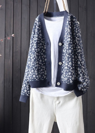 Übergroße Blaue V-ausschnitt-cardigans Mit Print Und Knöpfen Für Den Frühling