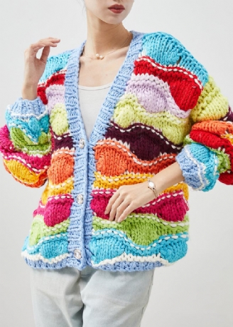 Übergroße Boho-strickjacke Mit Regenbogen-patchworkmuster Frühling