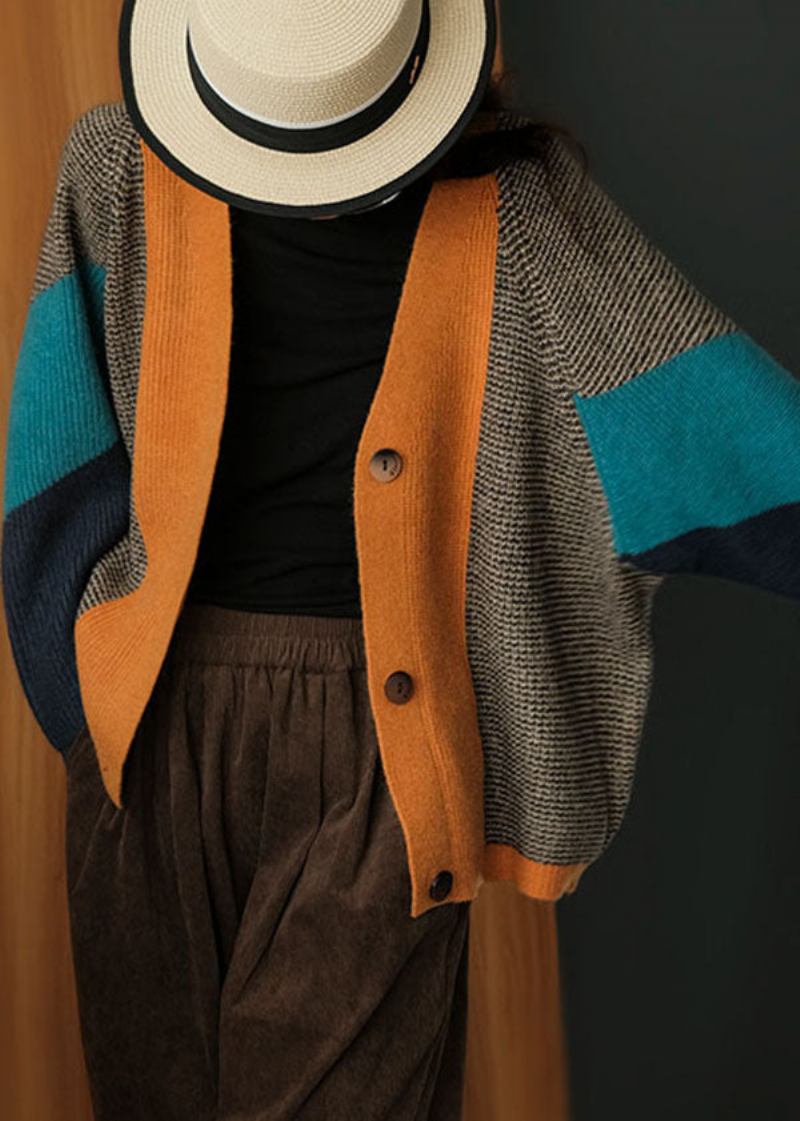 Übergroße Patchwork-strickjacke Mit Farbblock-muster Für Den Winter - Damen-Cardigans