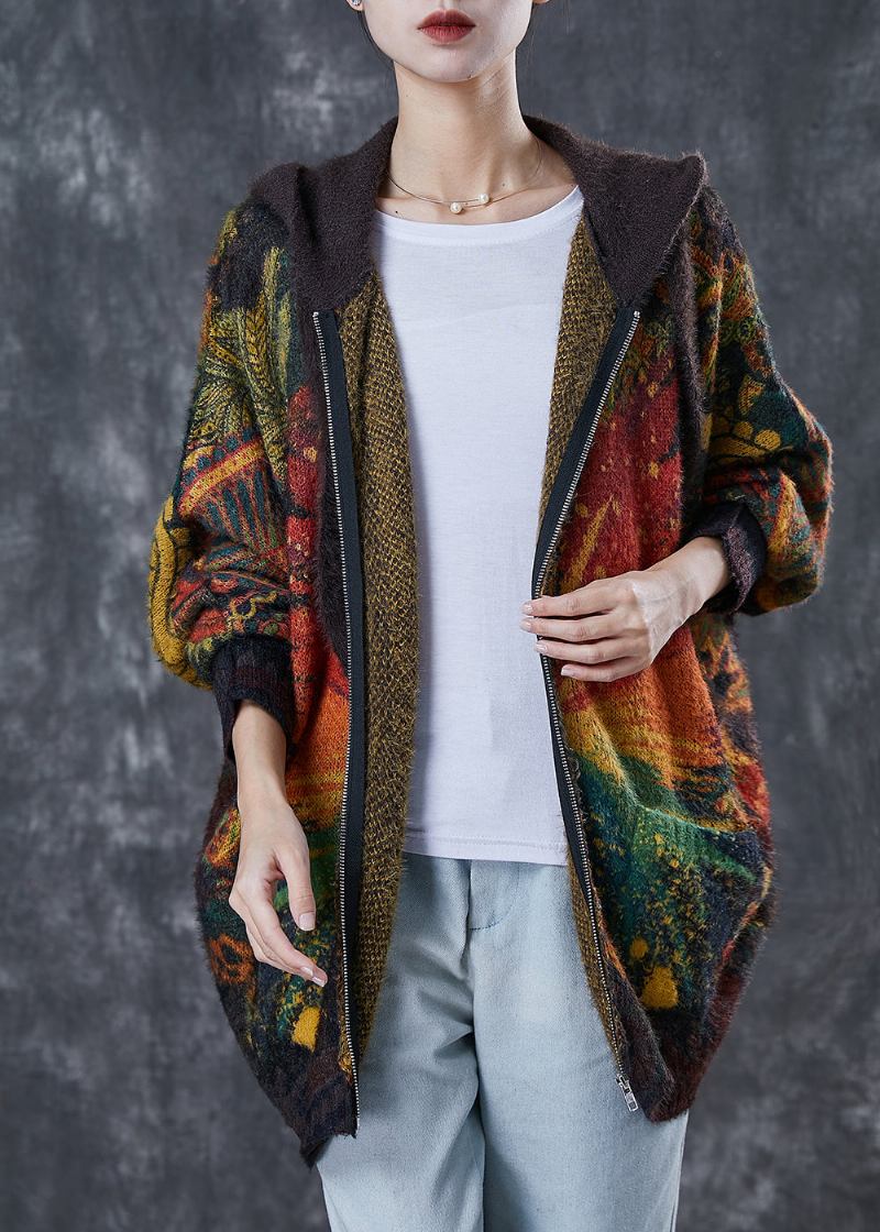 Übergroße Schokoladenbraune Strickjacke Mit Batikmuster Und Kapuze Winter - Damen-Cardigans