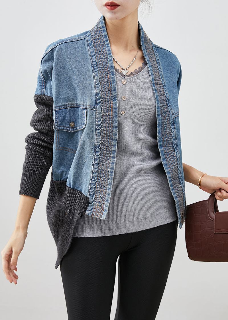 Übergroßer Lässiger Patchwork-strickmantel Aus Denim Für Damen In Blau