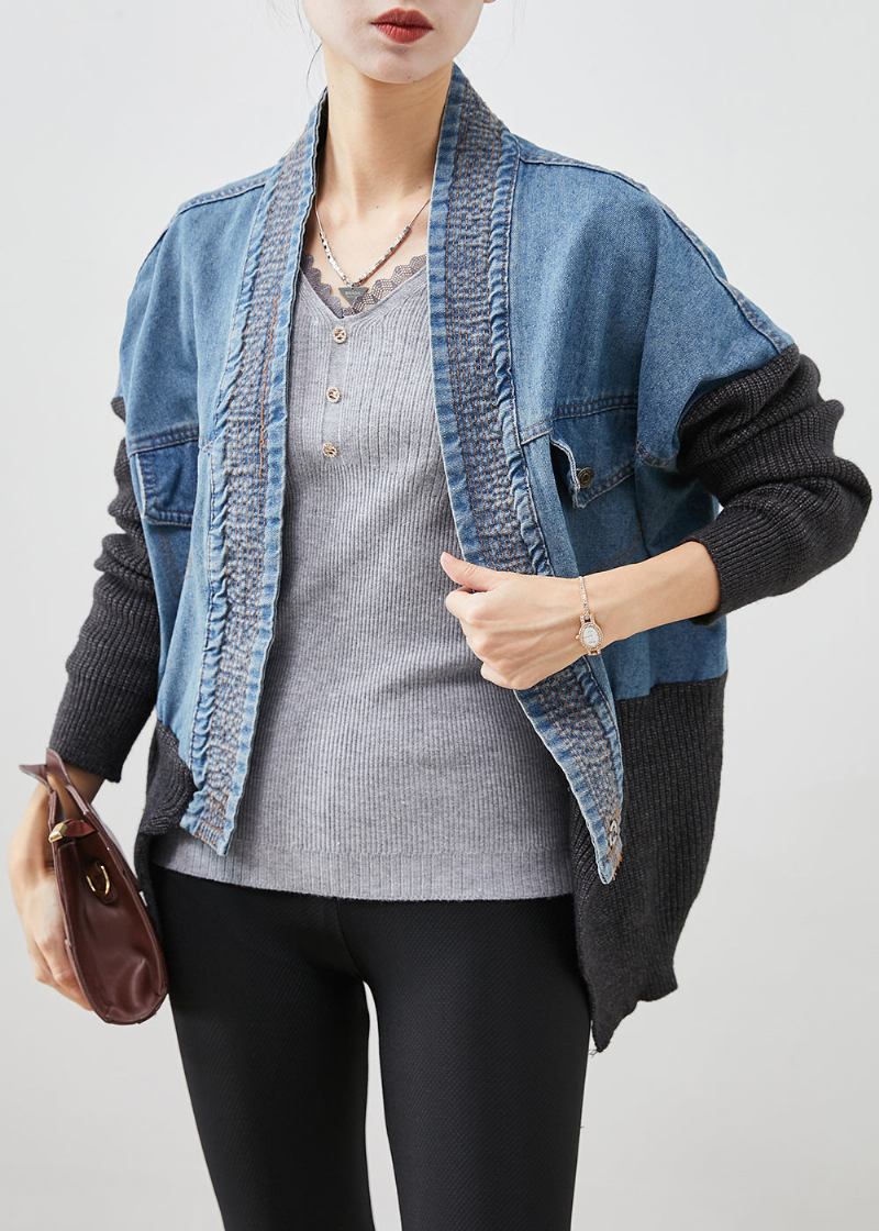 Übergroßer Lässiger Patchwork-strickmantel Aus Denim Für Damen In Blau - Damen-Cardigans