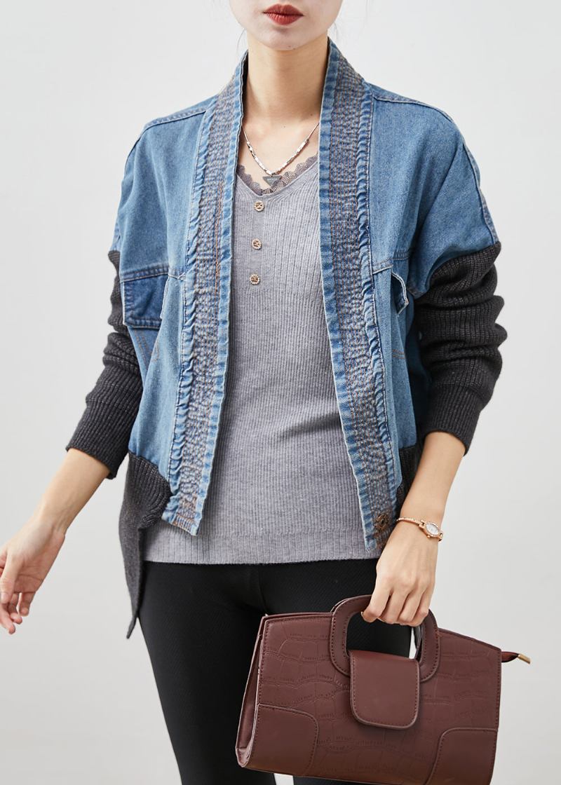 Übergroßer Lässiger Patchwork-strickmantel Aus Denim Für Damen In Blau - Damen-Cardigans