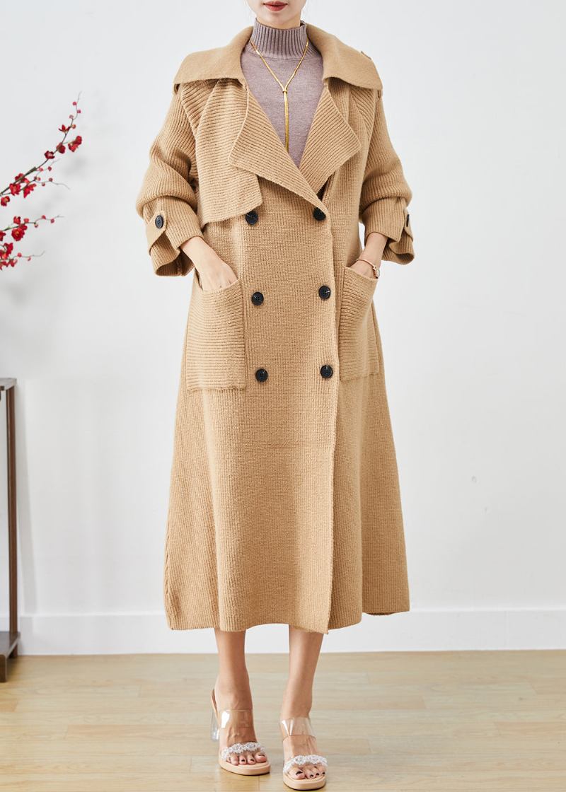 Vintage-strick-trenchcoats Mit Zwei Brusttaschen In Khaki Für Den Herbst - Damen-Cardigans