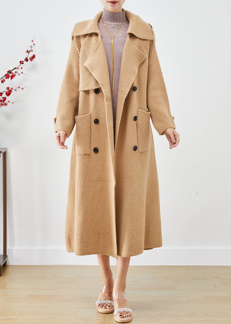 Vintage-strick-trenchcoats Mit Zwei Brusttaschen In Khaki Für Den Herbst - Damen-Cardigans