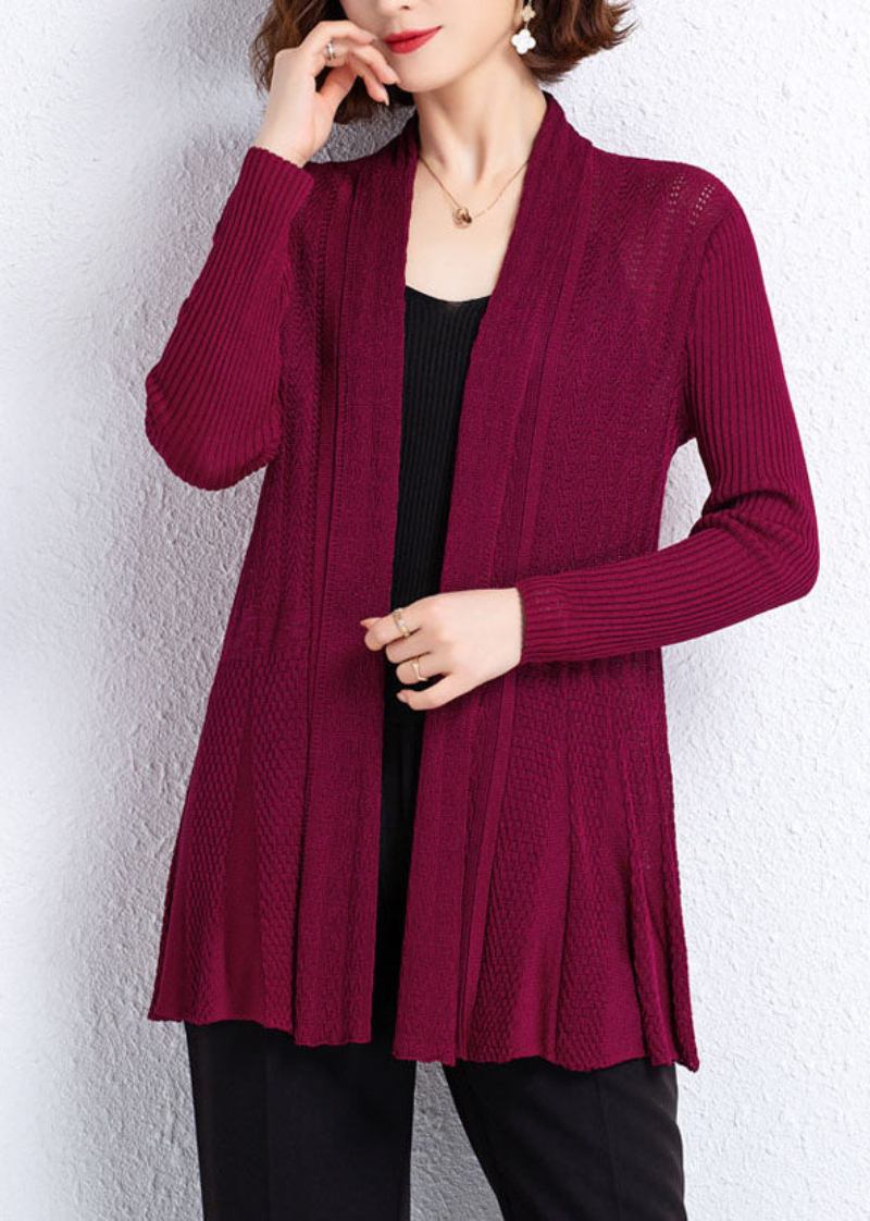 Weinroter Patchwork-strickcardigan Mit Aussparungen Und Falten Für Den Herbst - Damen-Cardigans