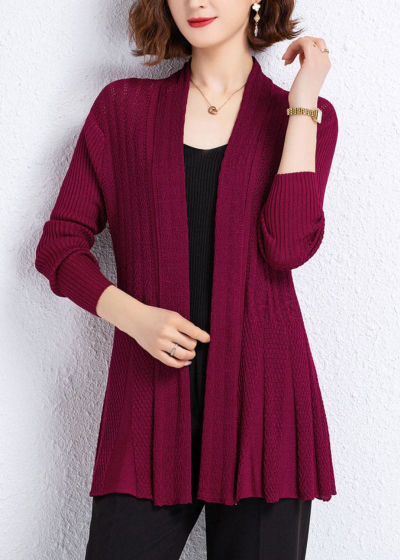 Weinroter Patchwork-strickcardigan Mit Aussparungen Und Falten Für Den Herbst - Damen-Cardigans