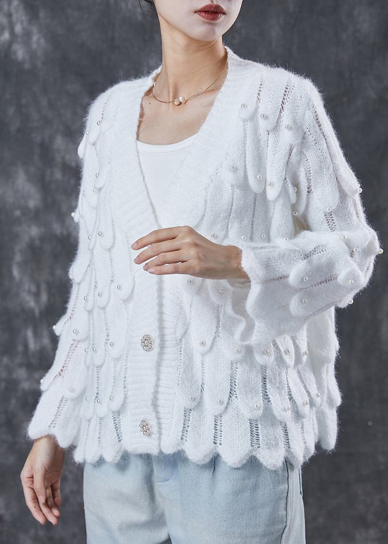 Weißer Gemütlicher Strickcardigan Mit V-ausschnitt Und Nagelperlen Frühling - Damen-Cardigans