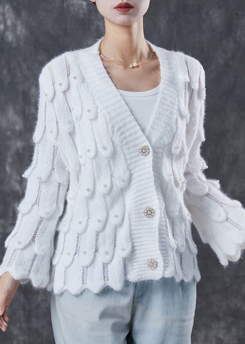 Weißer Gemütlicher Strickcardigan Mit V-ausschnitt Und Nagelperlen Frühling - Damen-Cardigans