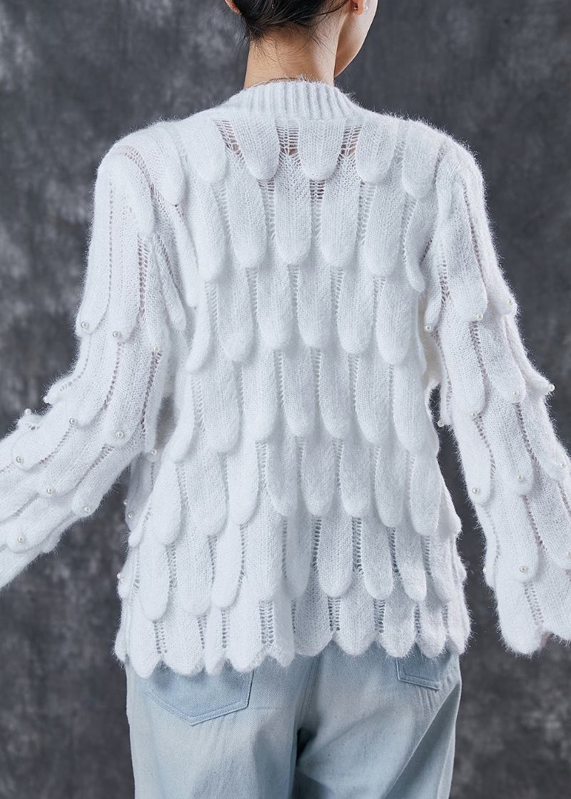 Weißer Gemütlicher Strickcardigan Mit V-ausschnitt Und Nagelperlen Frühling - Damen-Cardigans