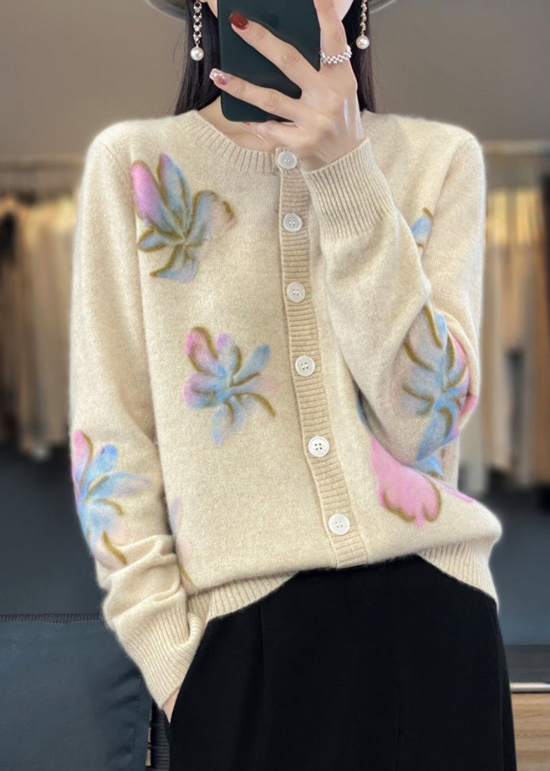 Weißer Rundhals-cardigan Mit Knöpfen In Kamelfarbe Frühling - Damen-Cardigans