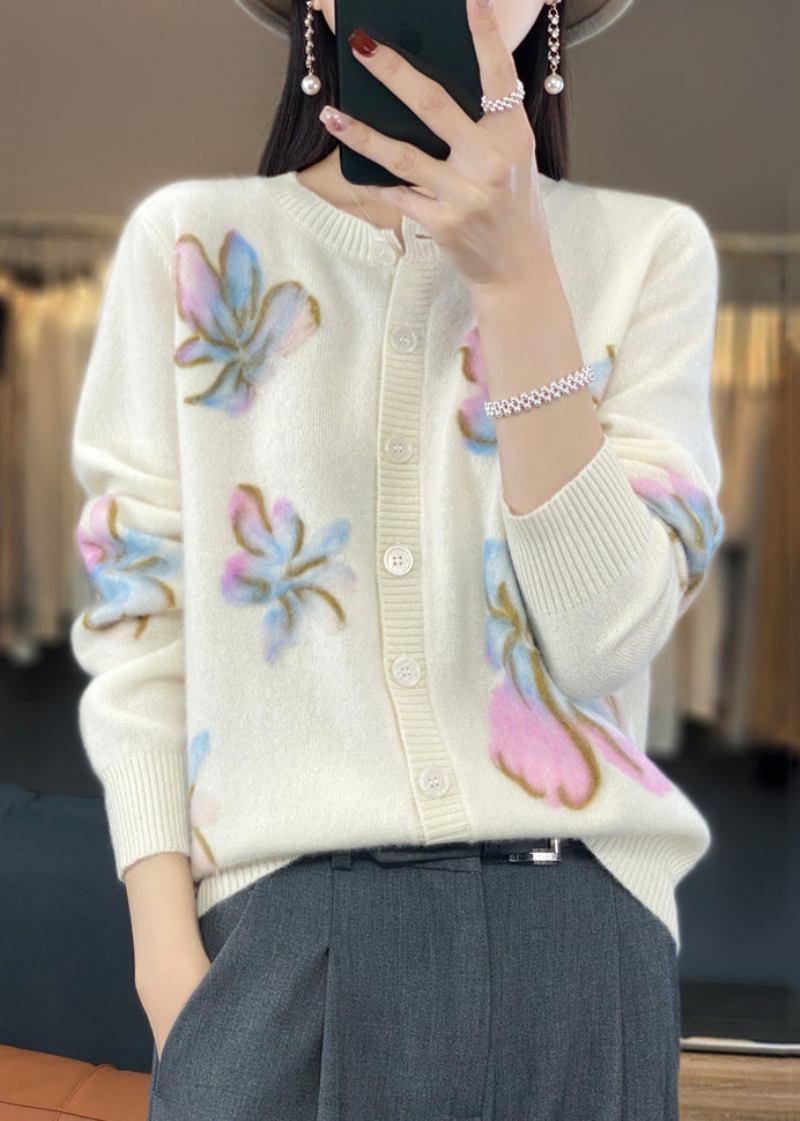 Weißer Rundhals-cardigan Mit Knöpfen In Kamelfarbe Frühling - Damen-Cardigans