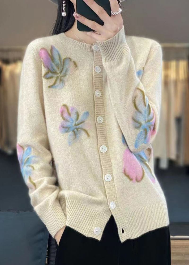 Weißer Rundhals-cardigan Mit Knöpfen In Kamelfarbe Frühling - Damen-Cardigans