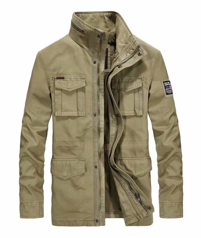 Baumwoll-jeansjacken Für Herren Langer Stehkragen Mehrere Taschen Lässiger Mantel Militär-windjacke Für - 58171 Khaki