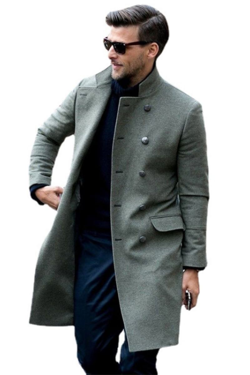 Business Lässig Stehkragen Zweireihiger Wollmantel Für Herren Winterwollmantel Lange Melton-trenchcoat