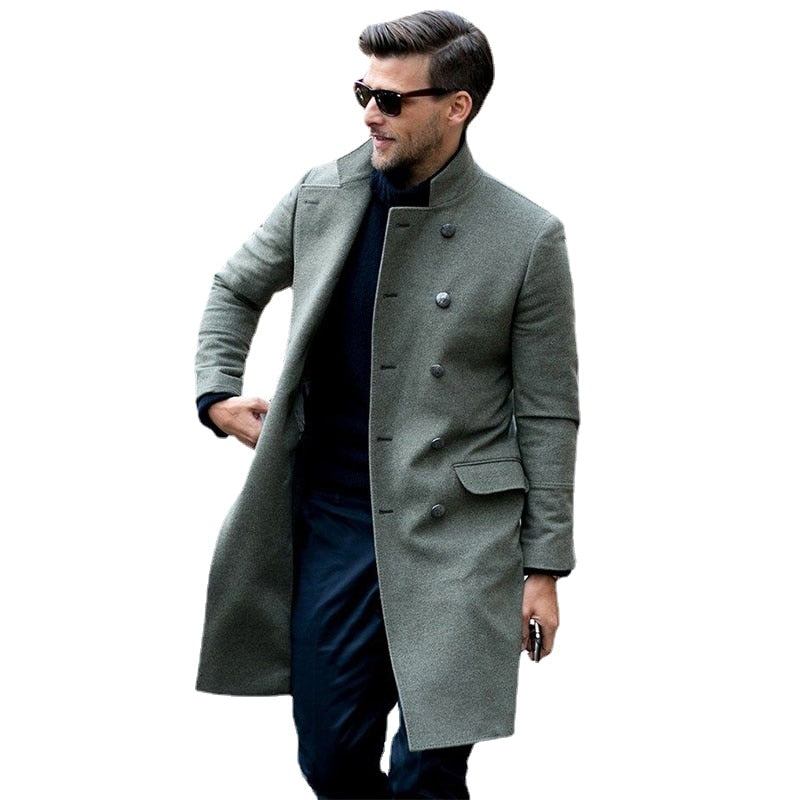 Business Lässig Stehkragen Zweireihiger Wollmantel Für Herren Winterwollmantel Lange Melton-trenchcoat - Armeegrau