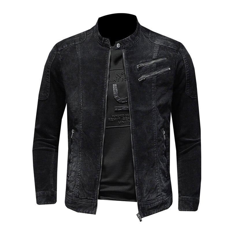 Cord Jeansjacke Herren Jeansmantel Bomber Motorrad Stehkragen Langarm Slim Street Schwarz Cowboy Outwear Kleidung - Schwarz