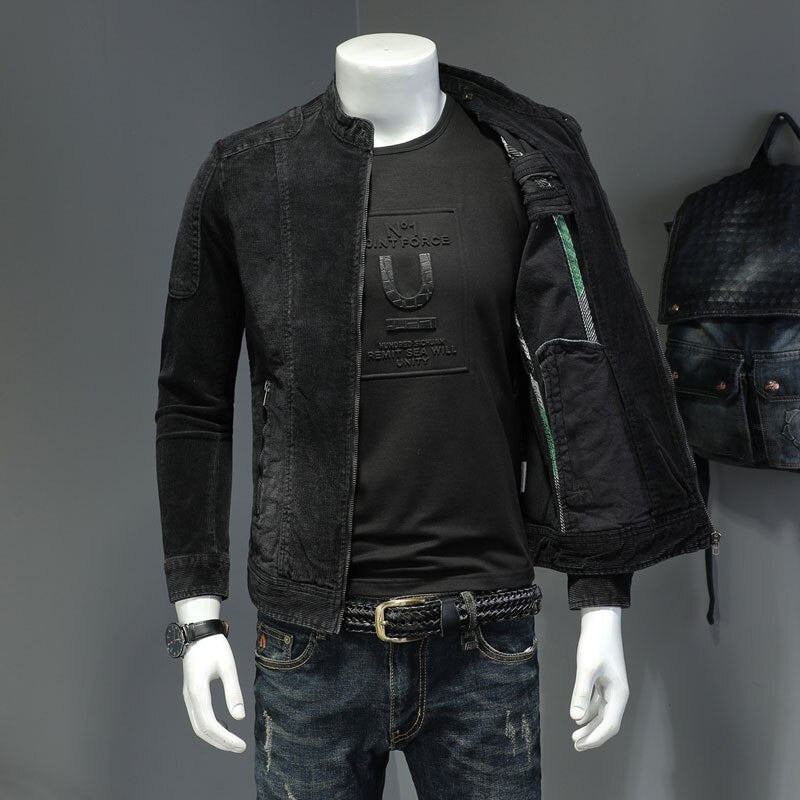 Cord Jeansjacke Herren Jeansmantel Bomber Motorrad Stehkragen Langarm Slim Street Schwarz Cowboy Outwear Kleidung - Schwarz