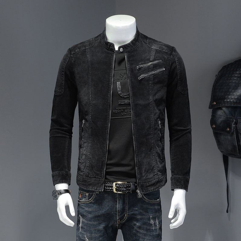 Cord Jeansjacke Herren Jeansmantel Bomber Motorrad Stehkragen Langarm Slim Street Schwarz Cowboy Outwear Kleidung - Schwarz