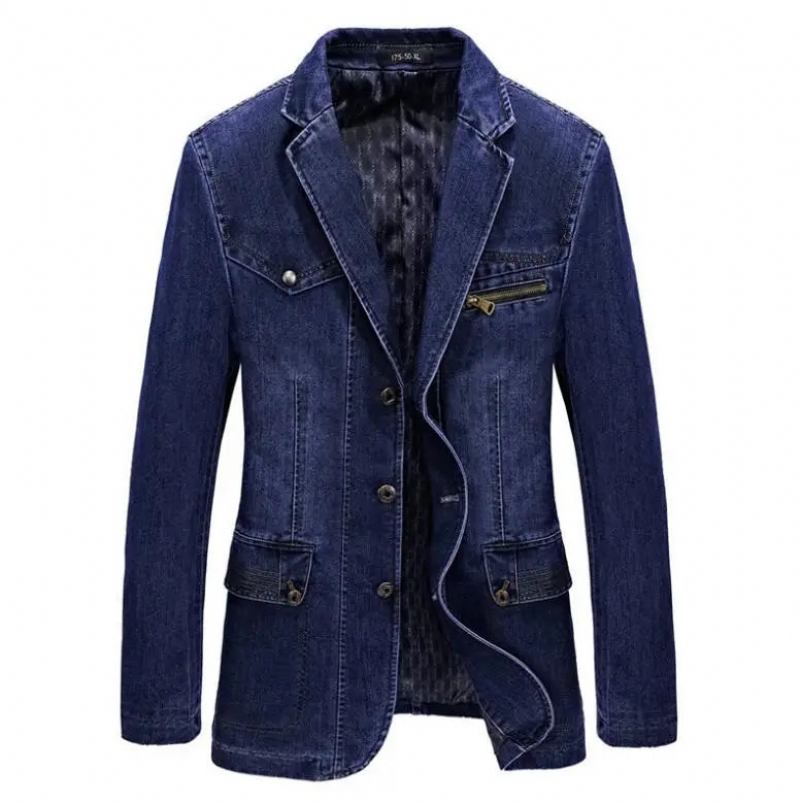 Denim-trenchcoat Herbst-winter-jeansjacke Für Herren Reverskragen Gewaschener Mantel Für - Dunkelblau