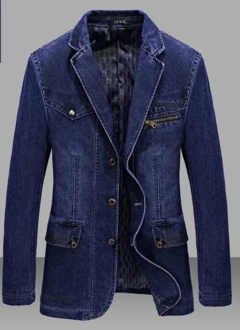 Denim-trenchcoat Herbst-winter-jeansjacke Für Herren Reverskragen Gewaschener Mantel Für - Dunkelblau