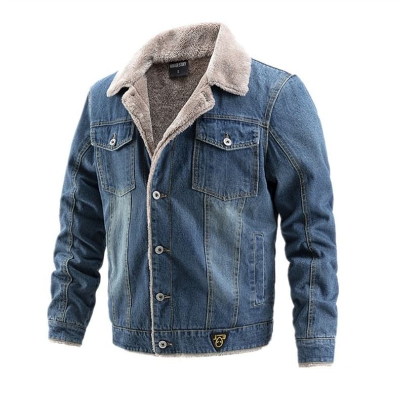 Dicker Samt-jeansjacke Für Herren Lässiges Revers Baumwoll-jeansjacke Für Pelzkragen Warme Winterjacken Und -mäntel Für - Hellblau