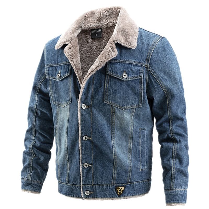 Dicker Samt-jeansjacke Für Herren Lässiges Revers Baumwoll-jeansjacke Für Pelzkragen Warme Winterjacken Und -mäntel Für - Hellblau