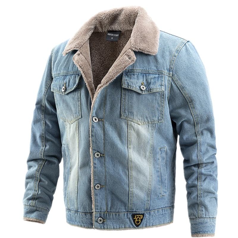 Dicker Samt-jeansjacke Für Herren Lässiges Revers Baumwoll-jeansjacke Für Pelzkragen Warme Winterjacken Und -mäntel Für - Hellblau